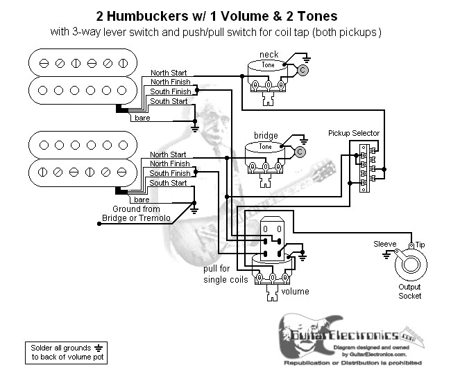 2 humbuckers 3 way lever switch 1 volume 2 tones coil tap Push Pull Volume Tone Pot switch 1 volume 2 tones coil click to enlarge